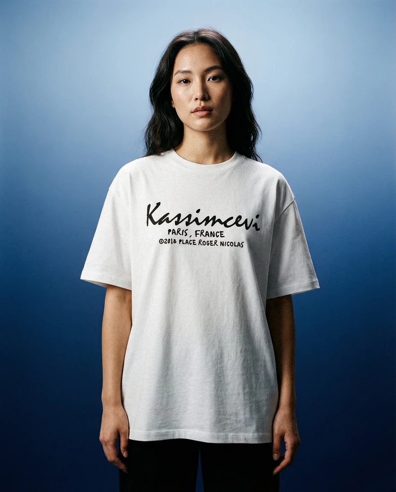 Front view of the Place Roger Nicolas × Kassimcevi white T-shirt
